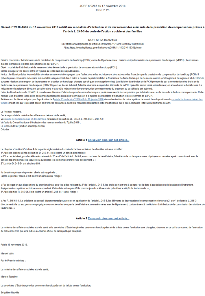 Décret sur les modalités d'attribution et de versement de la PCH