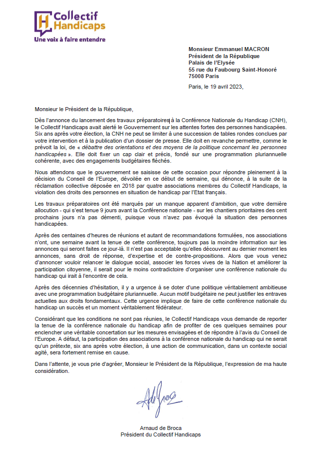 Courrier du président du CH au président de la république