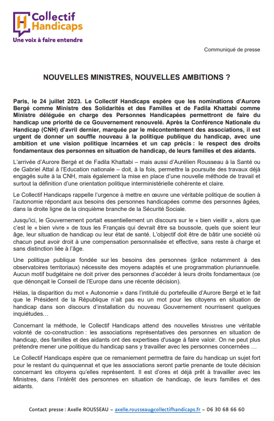 Réaction du Collectif Handicap suite au remaniement ministériel