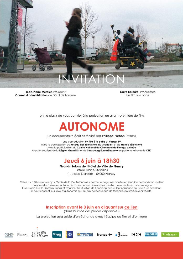 Invitation projection film autonome jeudi 6 juin 2024 mairie Nancy