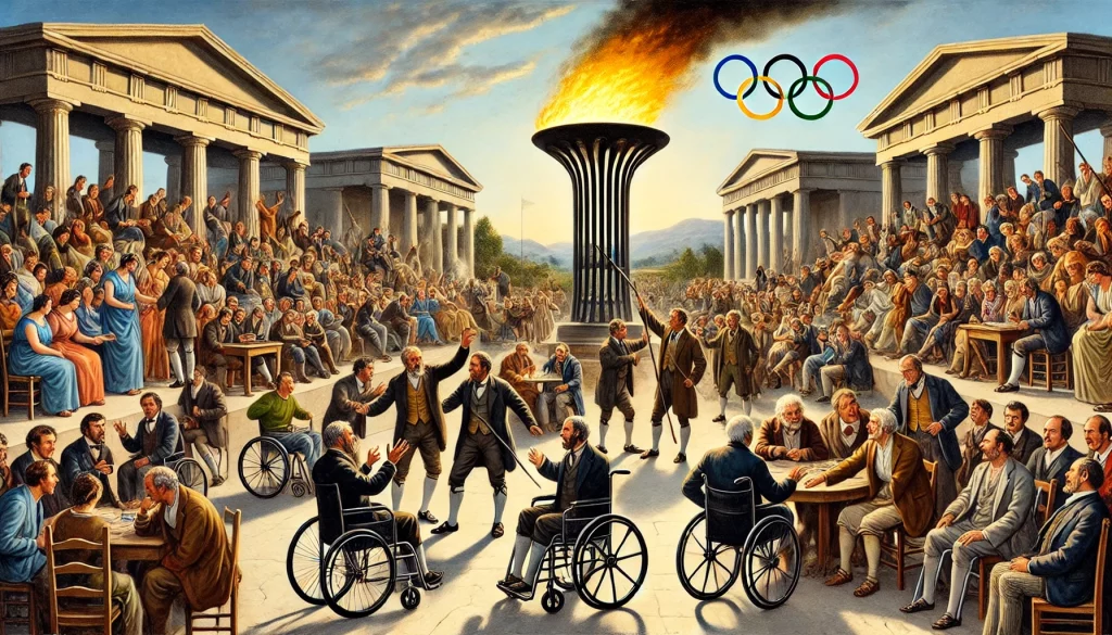 Agora de PSH ou non, débattant vigoureusement, en arrière-plan, une vasque olympique. Image générée par un algorithme