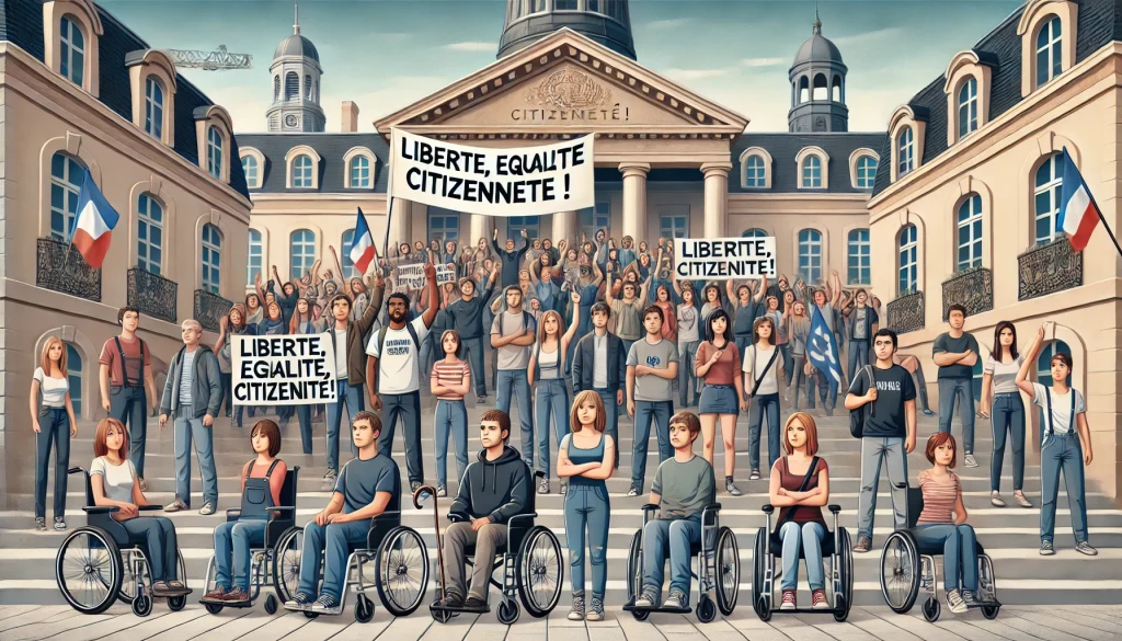 Citoyens en situation de handicap manifestant devant un établissement public. Image générée par un algorithme