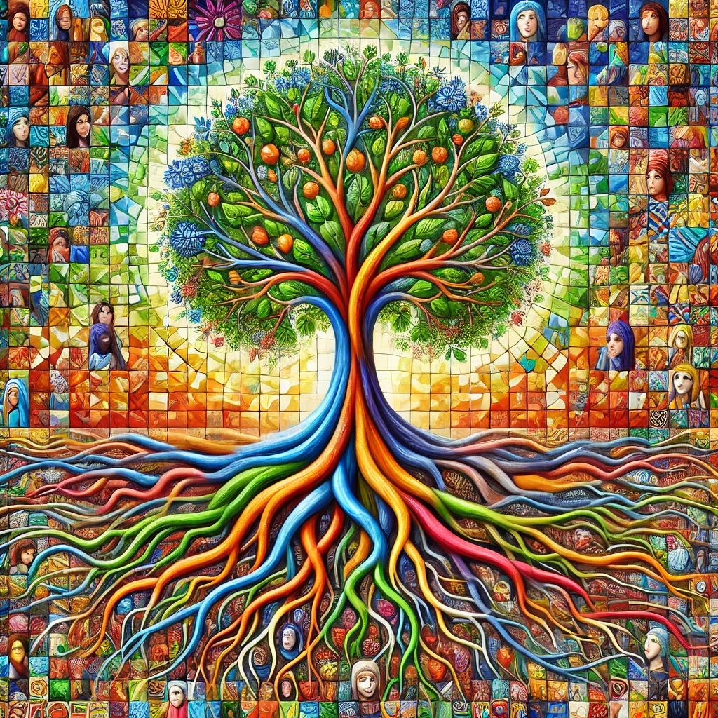 Un arbre au centre d'une mosaïque représentant des personnes d'ethnies diverses