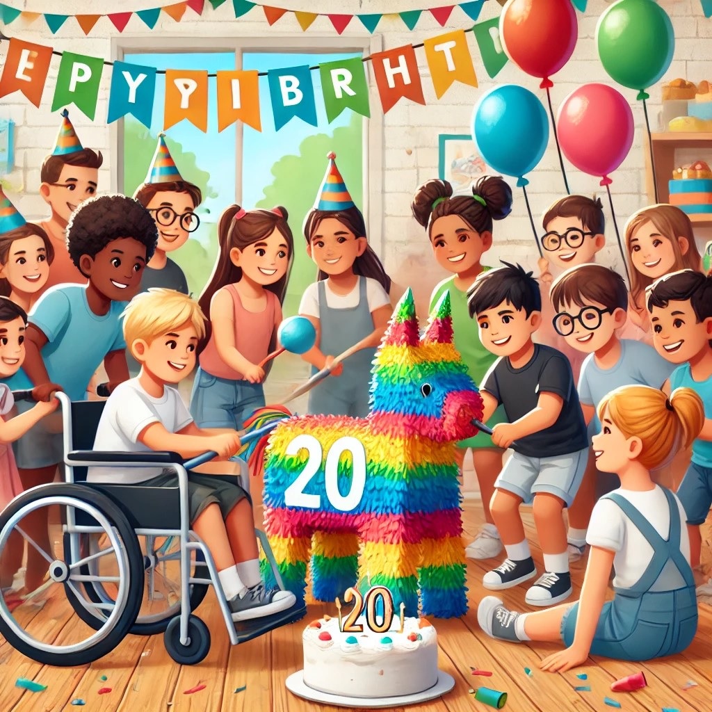 Des enfants dont un en fauteuil fêtent un anniversaire. Ils tapent sur une pinata où est inscrit le chiffre 20