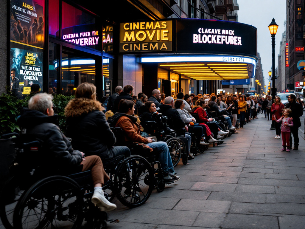 Des personnes font la queue devant un cinéma, parmi elles tout au bout des personnes en situation de handicap
