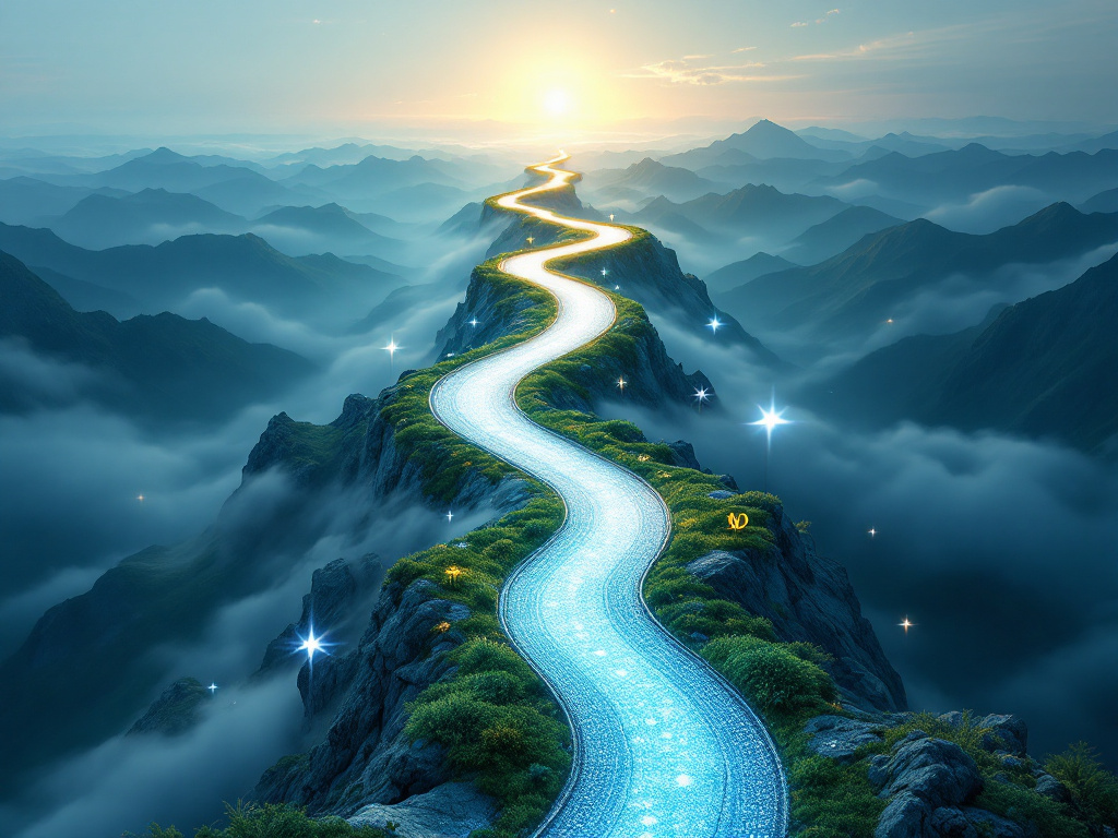 Une route sinueuse qui conduit vers l'horizon ensoleillé