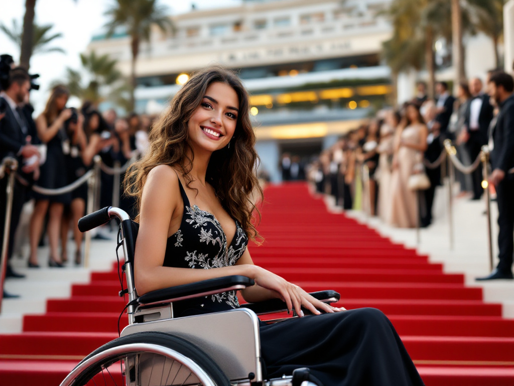 En bas du tapis rouge–des marches du festival de Cannes, une personne en fauteuil roulant