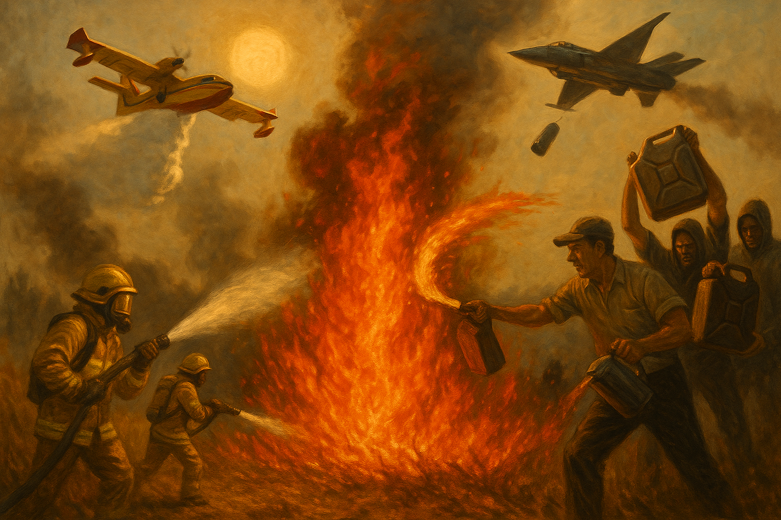 Sous un soleil de plomb, un feu qui prend de l'ampleur. D'un côté du feu, des pompiers au sol qui tentent de l'éteindre et dans le ciel, un Canadair. De l'autre côté, des personnes lancent des bidons d'essence et dans le ciel un avion lâche des bombes.