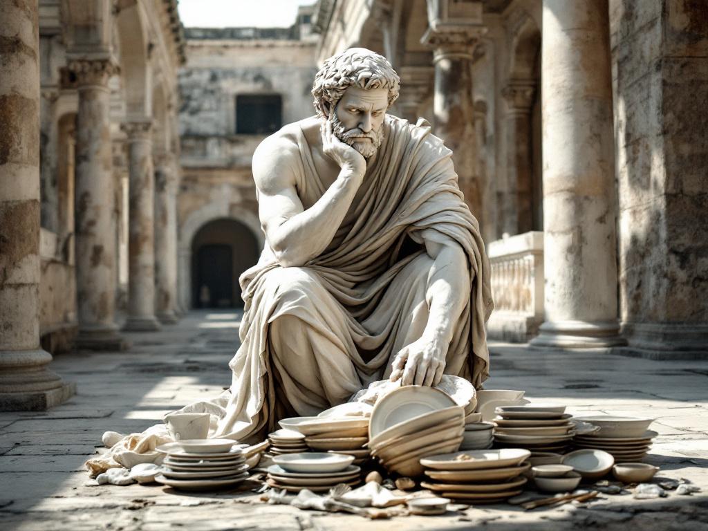 Une statue en marbre de penseur grec : une main sous le menton, dans l’autre un torchon de vaisselle. Devant la statue, une pile de vaisselle.