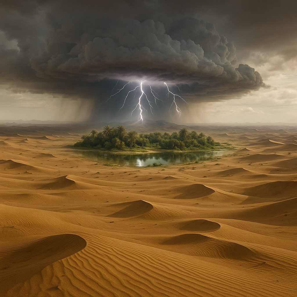 Dans un immense désert, au loin, le mirage d'une oasis verdoyante au-dessus de laquelle flotte une tempête avec des éclairs.