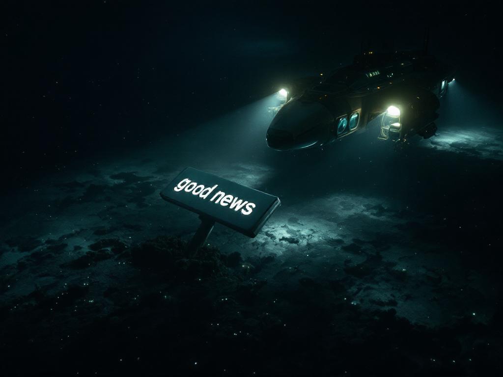 Dans les abysses, un sous-marin expérimental éclaire un panneau (planté dans les fonds marins) sur lequel il est écrit : « bonnes nouvelles »