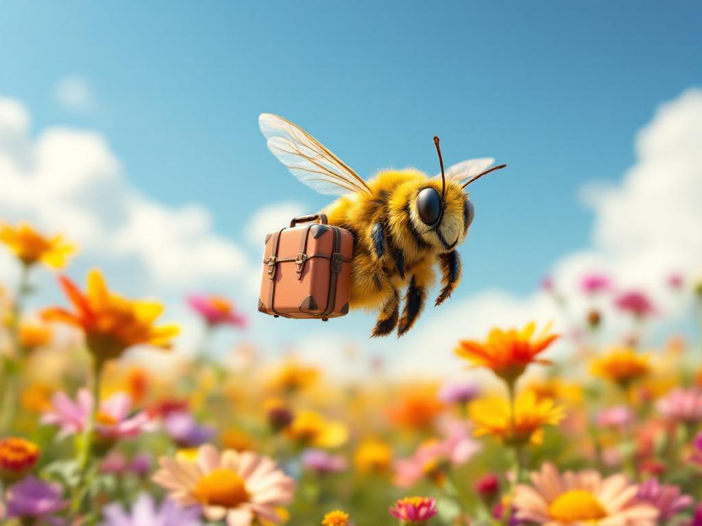 Une abeille part en vacances, elle vole au-dessus d'un champ fleuri en portant ses bagages.