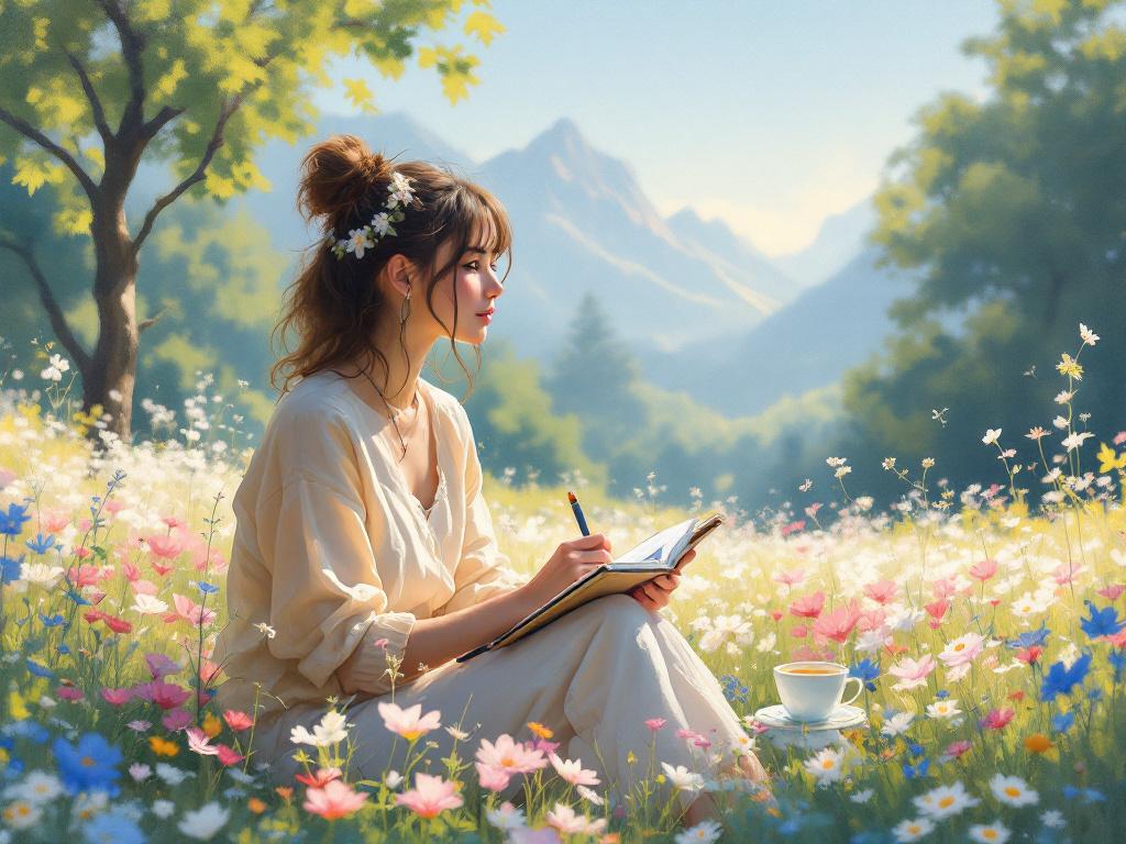 Dans un champ fleuri, sous une lumière douce, une jeune femme médite, un carnet de notes à la main