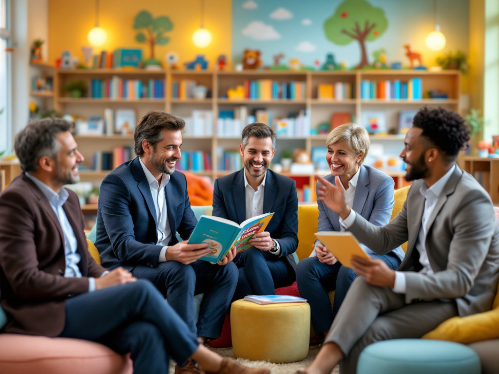 Une bibliothèque colorée, avec des étagères remplies de livres pour enfants. Les hommes politiques sont assis sur des coussins ou de petits tabourets, un livre ouvert sur les genoux. Certains lèvent la main pour poser des questions, d’autres écoutent avec attention. L’un d’eux lit à voix haute, comme un conteur.