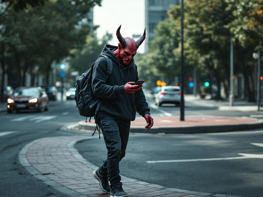 Un démon qui porte un sac d'école sur le dos se dirige vers un rond-point. Il a les yeux rivés sur son téléphone portable.