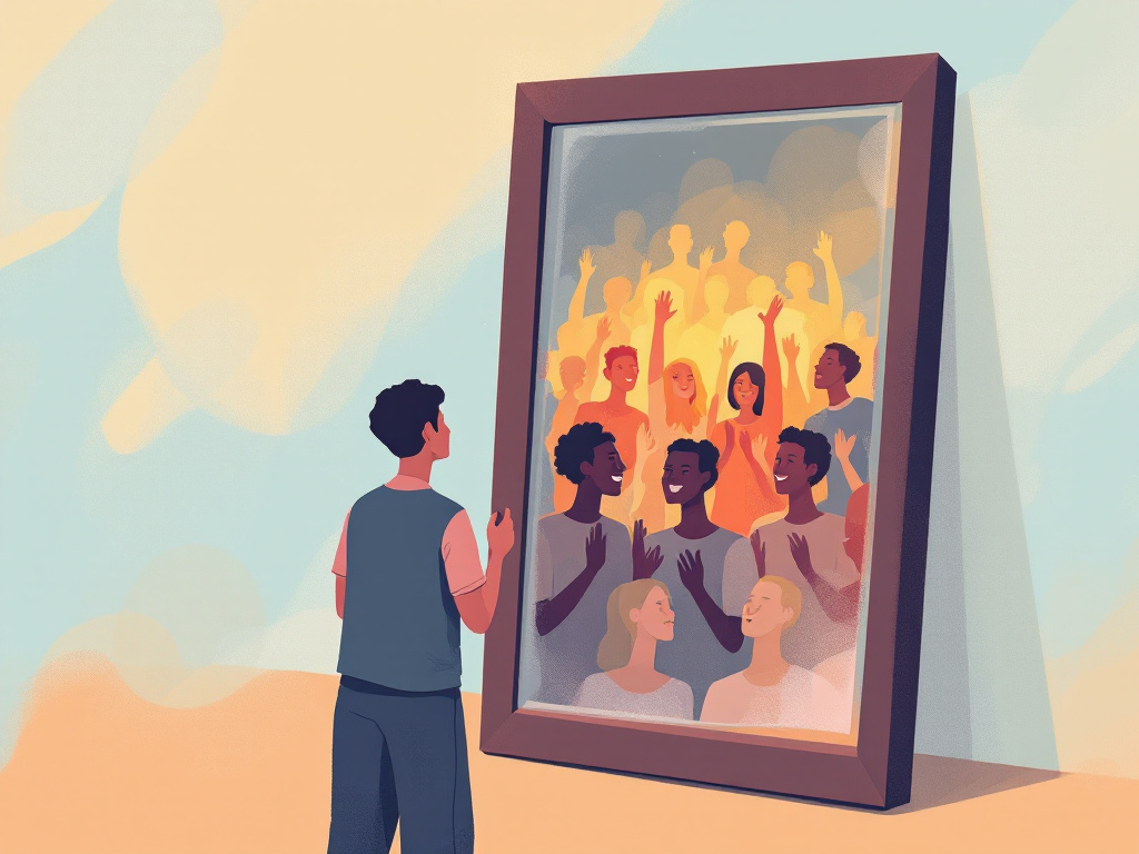 Un homme se regarde dans un miroir dont le reflet représente de multiples visages