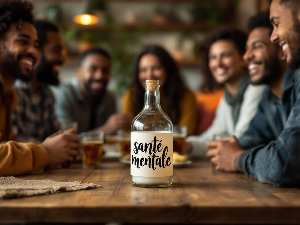 Une bouteille avec l'inscription "santé mentale" est posée sur une table autour de laquelle plusieurs amis prennent un verre