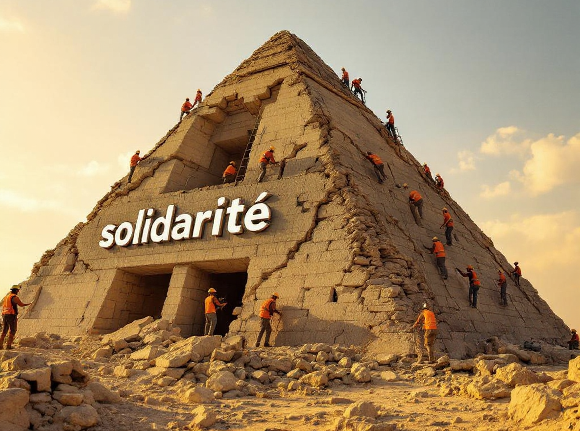 Une pyramide qui part en ruine. De nombreuses personnes sont sur le chantier pour la réparer. À la base, sur tout un côté de la pyramide, le mot « solidarité » est inscrit.