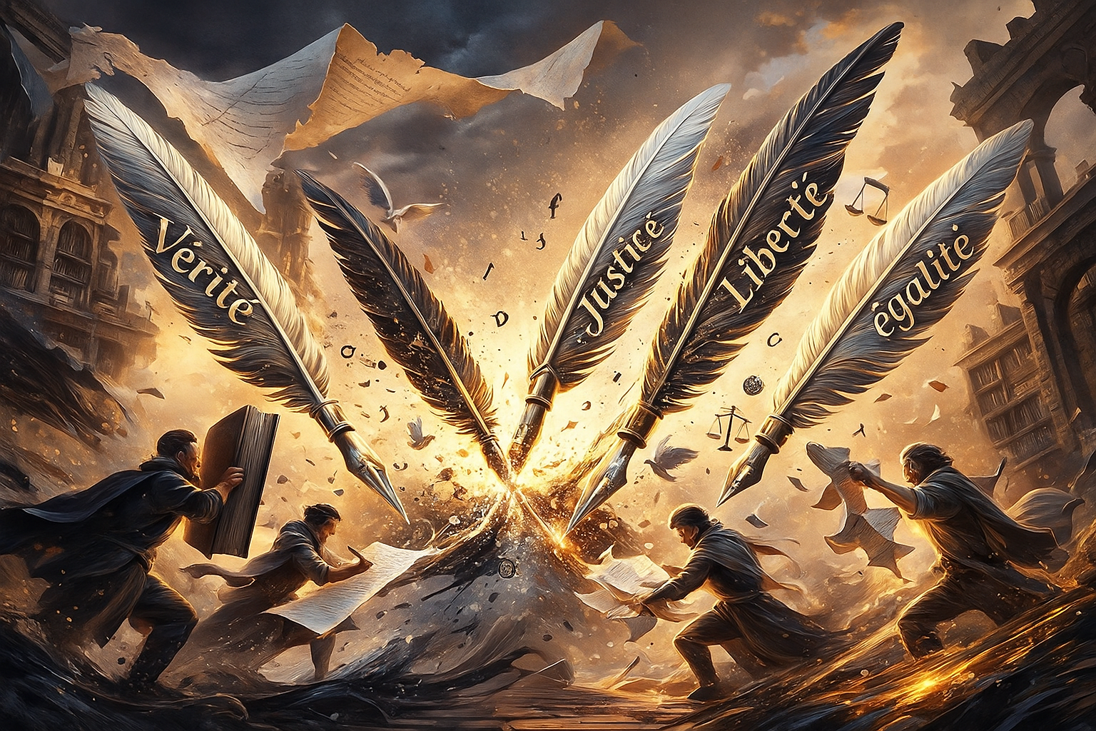 Une bataille d’écrivains se battant avec des plumes sur lesquelles sont gravées les mots 'Vérité', 'Justice', 'Liberté'