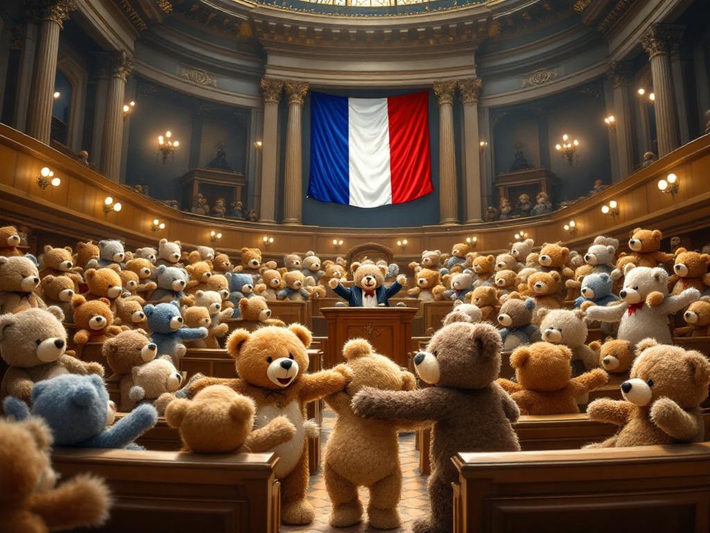 une Assemblée nationale remplie d'oursonnes et d'oursons qui s'ouvrent les bras pour se faire des câlins, dans une ambiance chaleureuse et joyeuse