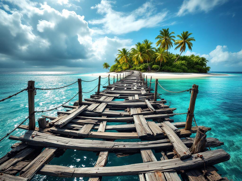 Un pont en très mauvais état mène à une île paradisiaque