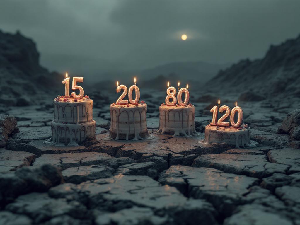 Des gâteaux d'anniversaire (sur lesquels sont inscrit 15, 20, 80 et 120) fondent et s'enfoncent dans le sol, dans un paysage terne. Au loin, une lumière…