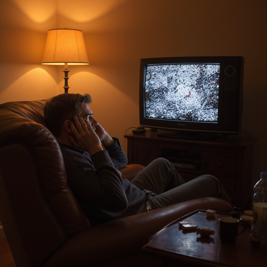 Un homme assis dans un fauteuil devant sa télé, il regarde une chaîne cryptée. Il se couvre les oreilles avec les mains.