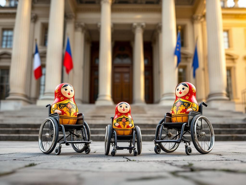 Des poupées russes en fauteuil roulant devant les marches d'un tribunal sur lequel flottent les drapeaux français et européens