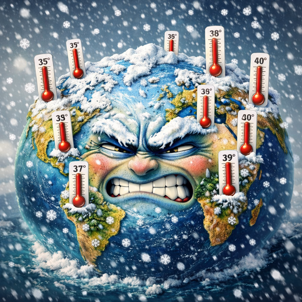Une mappemonde sous la neige, des thermomètres plantés sur tout le territoire affichent des températures élevées