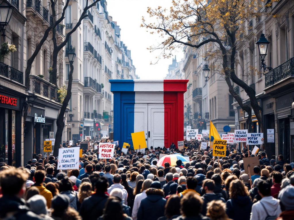 Des personnes manifestent dans une rue étroite. Au bout de la rue, un isoloir géant