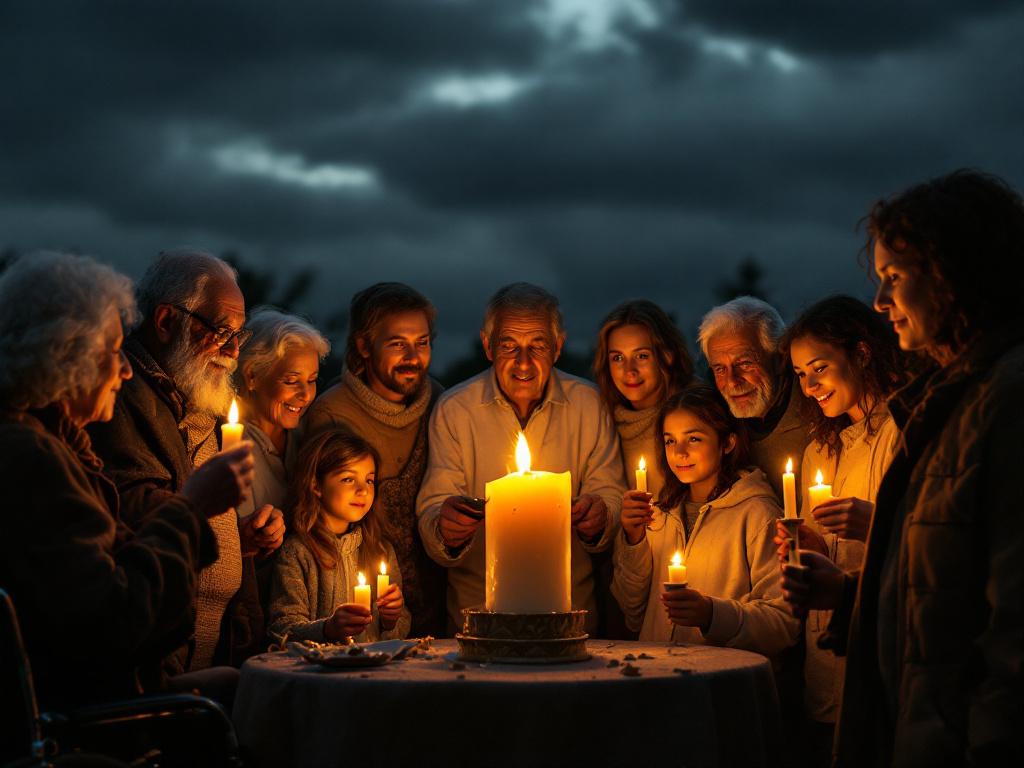 Des personnes âgées, des adultes, des enfants et une personne en fauteuil roulant tiennent chacun une bougie à la main et entourent un immense cierge dont la flamme vacille dans le vent, sous un ciel sombre