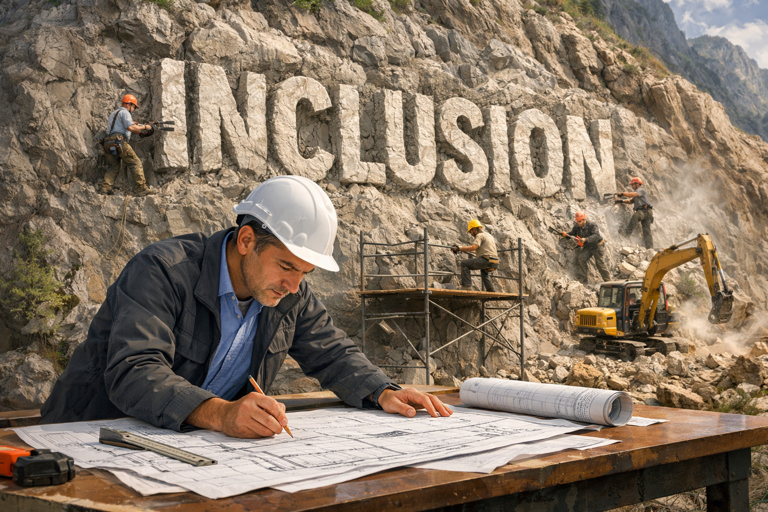 Un architecte est penché sur des plans posés sur une table. En arrière plan, des hommes sculptent le mot « inclusion » dans le flanc d'une montagne.