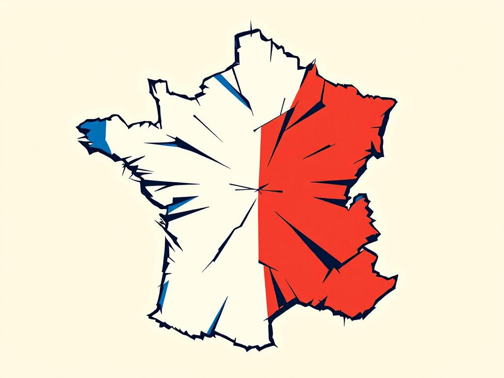 Une représentation artistique de la France avec les couleurs bleu, blanc, rouge, déformée pour illustrer une polarisation extrême, comme sous l’effet d’une force centrifuge.