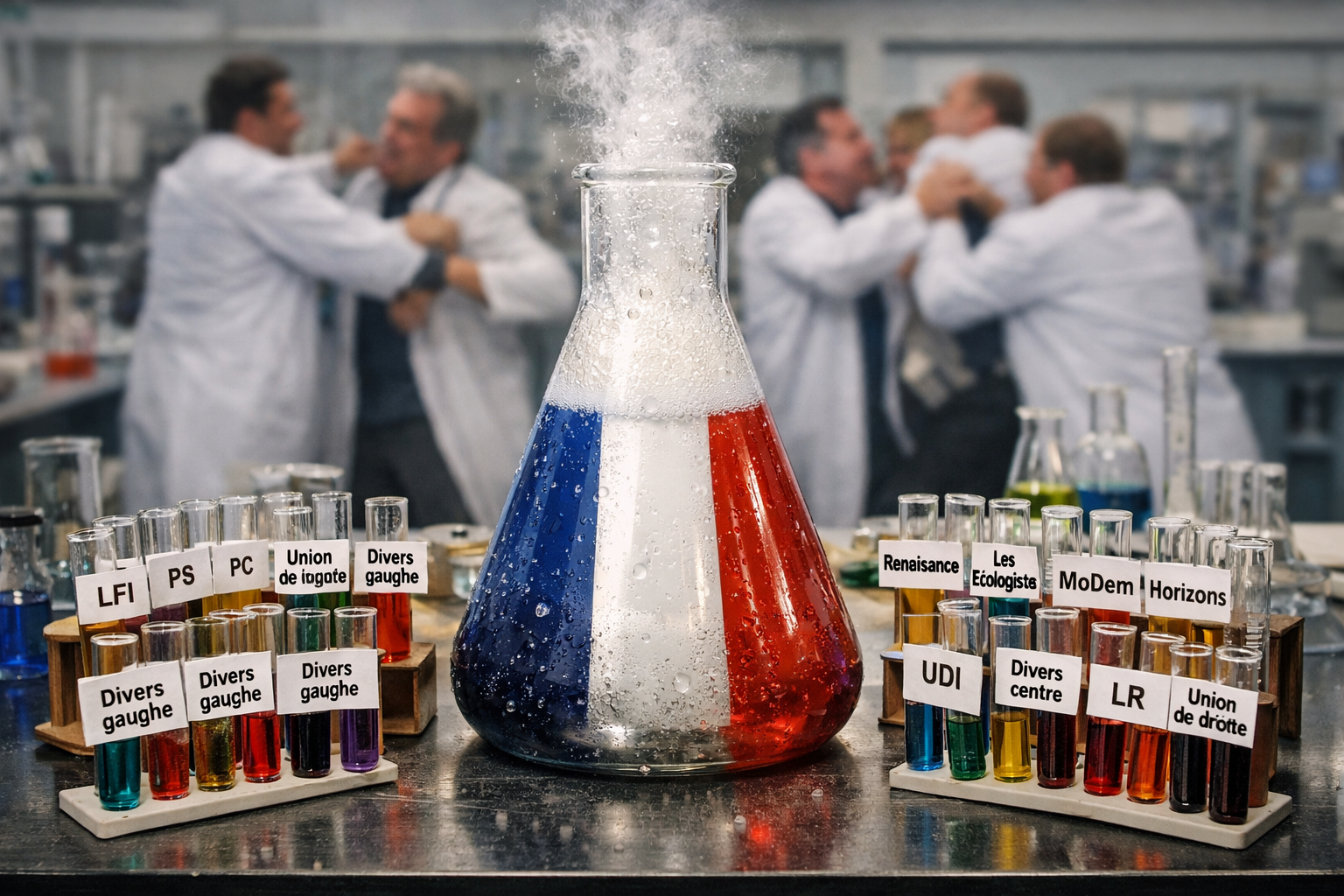 Dans un laboratoire, au milieu d'une grande paillasse trône une grande fiole effervescente sur laquelle figure le drapeau français. Tout autour de la fiole, des tubes à essai sur lesquels sont étiquetés les noms de différents partis politiques : LFI, PS, PC, Union de la gauche, Divers gauche, Renaissance, Les Écologistes, MoDem, Horizons, UDI, Divers centre, LR, Union de la droite, Divers droite, souverainistes, UDR, RN, Reconquête, Régionalistes. En arrière plan, un peu flou, des scientifiques en blouse blanche se bagarrent.