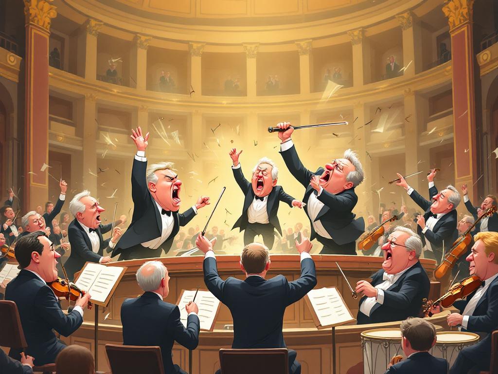 Dans un orchestre symphonique : des musiciens désemparés face à plusieurs hommes qui se disputent la baguette de chef d’orchestre