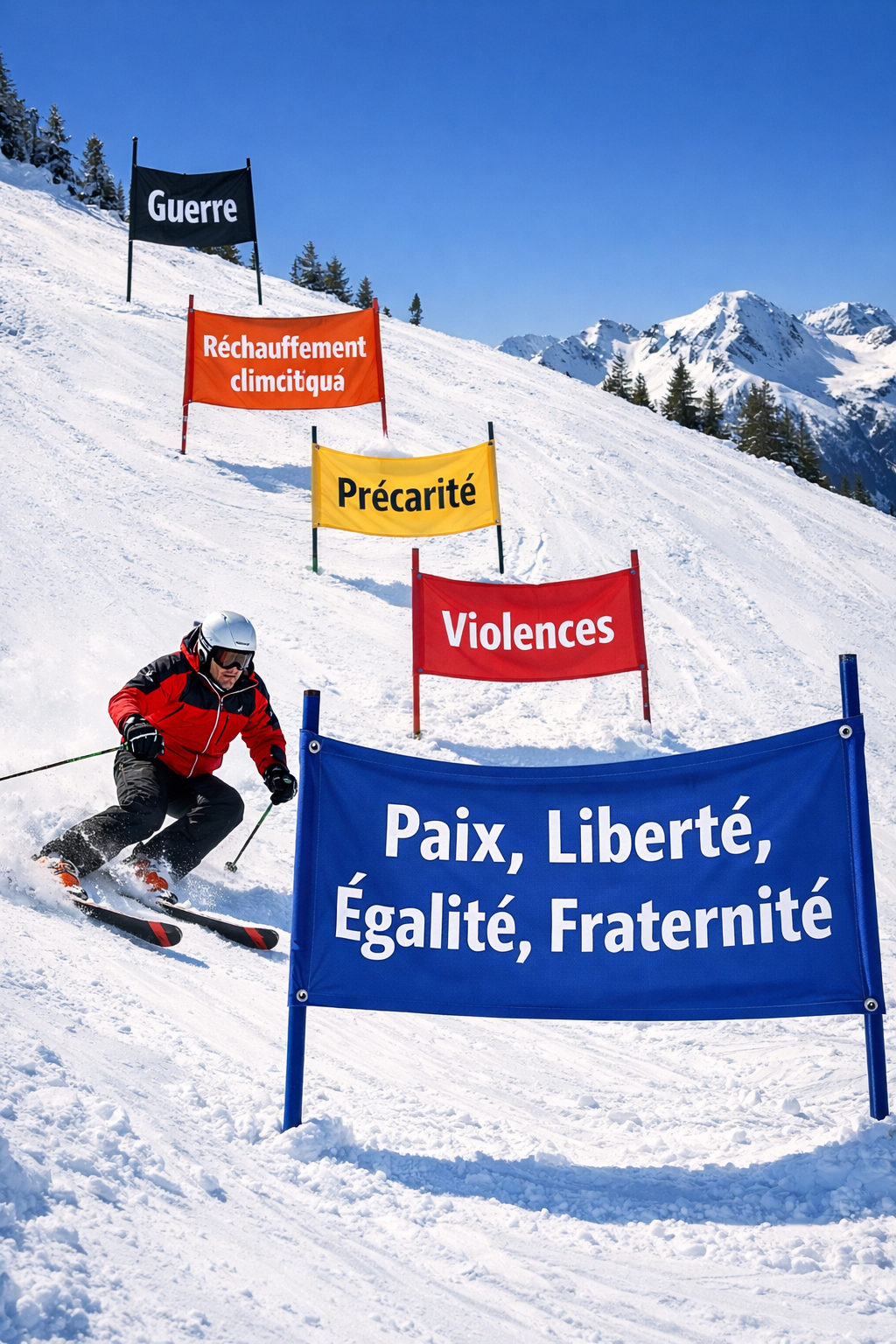 Un skieur descend une piste en slalom. Sur les drapeaux qui marquent les différents virages, on peut voir successivement les mots « guerre », « réchauffement climatique », « précarité », « violences ». Tout en bas de la piste, sur le drapeau d'arrivée est inscrit la devise « Paix, Liberté, égalité, fraternité »
