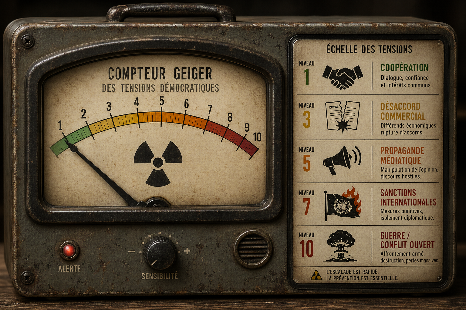 un compteur Geiger (boîtier en métal vieilli style années 50 avec des lignes de radiation) pour illustrer les tensions démocratiques 