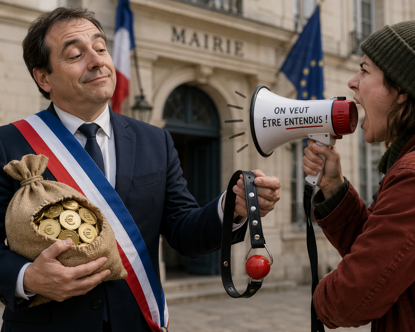 Un élu avec une écharpe tricolore tient dans une main un sac rempli de pièces portant le €, de l'autre il tend un bâillon à une personne qui parle dans un mégaphone.