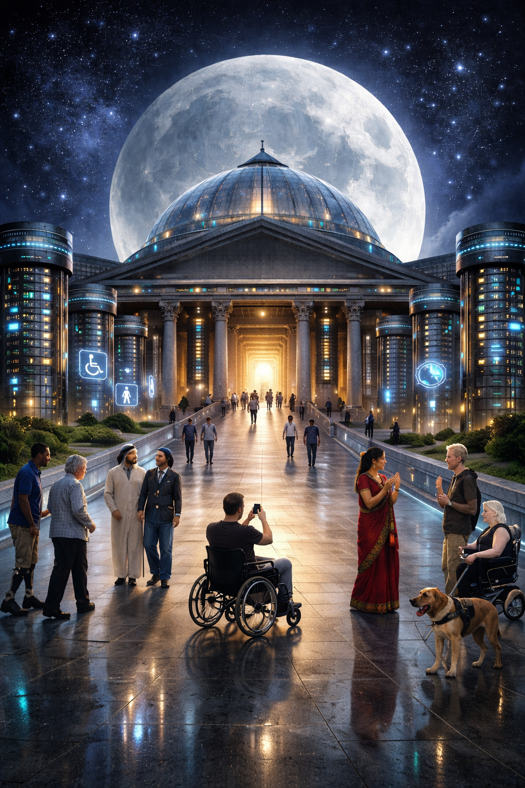 Un Panthéon futuriste qui représenterait l'universalisme et l'accessibilité aux personnes en situation de handicap. Avec des colonnes en forme de serveur, et des personnes représentant de toute humanité. De nuit, avec la pleine lune en arrière-plan.Un Panthéon futuriste qui représenterait l'universalisme et l'accessibilité aux personnes en situation de handicap. Avec des colonnes en forme de serveur, et des personnes représentant de toute humanité. De nuit, avec la pleine lune en arrière-plan.