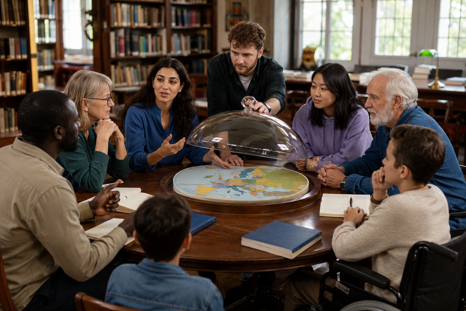 Une carte de l’Europe, sous une cloche à moitié relevée, posée sur une table. Autour de cette table, des personnes « diverses » (origine, âge, handicap) discutent. La scène se déroule dans une bibliothèque.