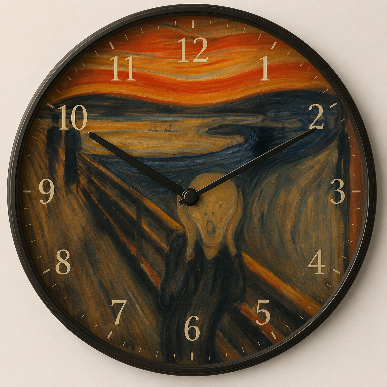 Une horloge qui a pour fond le personnage de « le cri » de Munch