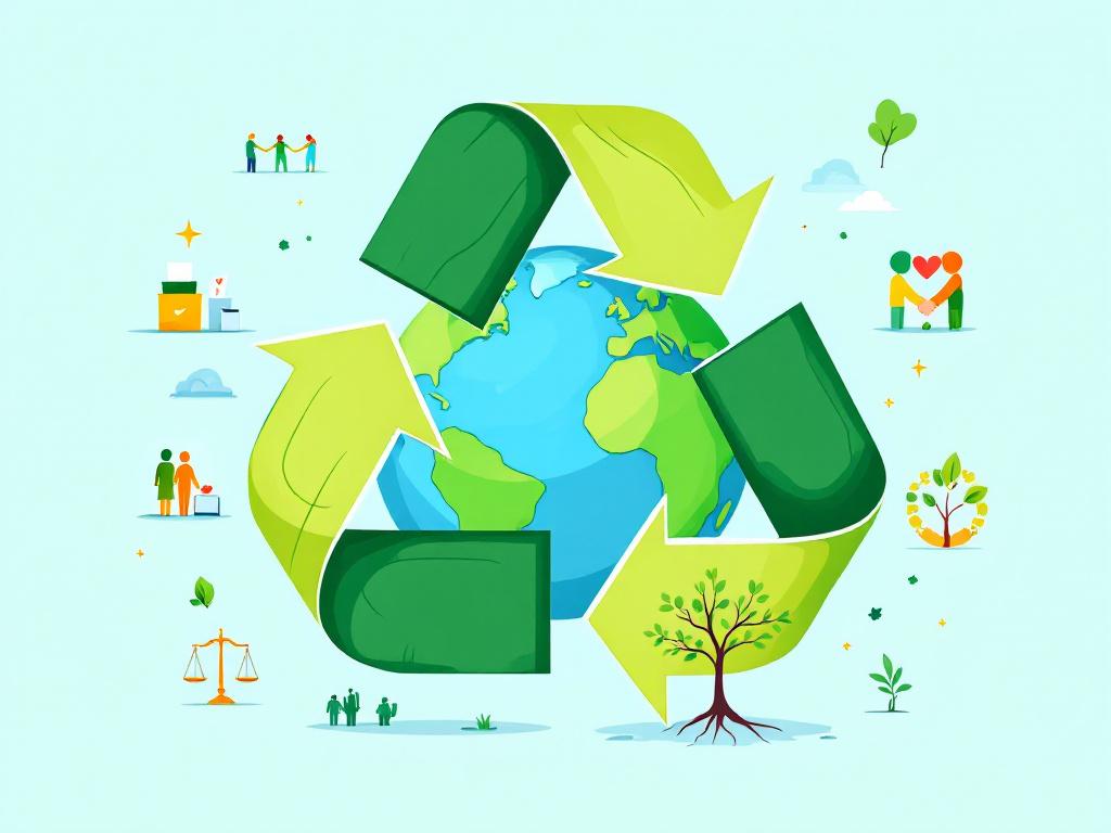Une planète entourée du symbole écosystème recyclage, et des images qui illustrent le vivre ensemble – personnes qui se tiennent la main etc.