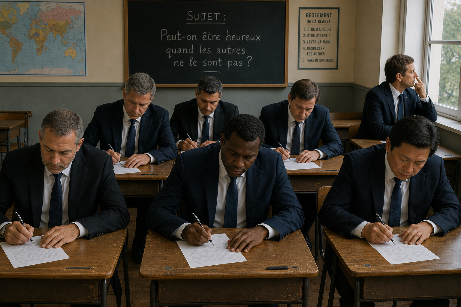 Des chefs d’état en costume cravate sur des bancs d’écolier, penchés sur leur copie. Un seul regarde par la fenêtre.