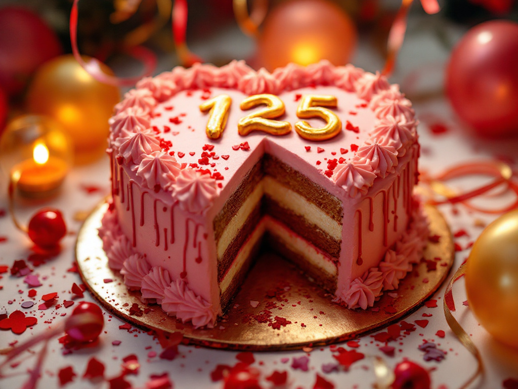 Un gâteau en forme de cœur sur lequel est écrit le chiffre « 125 », une part a été découpée.