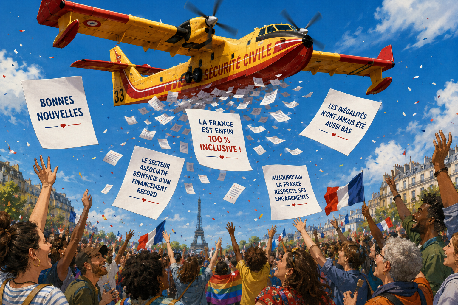 un Canadair survole une foule en liesse, il lâche des tracts sur lesquels sont inscrits des mots comme : « bonnes nouvelles », « la France est enfin 100 % inclusive ! », « Les inégalités dans jamais été aussi bas », « le secteur associatif bénéficie d'un financement record », « Aujourd'hui la France respecte ses engagements »