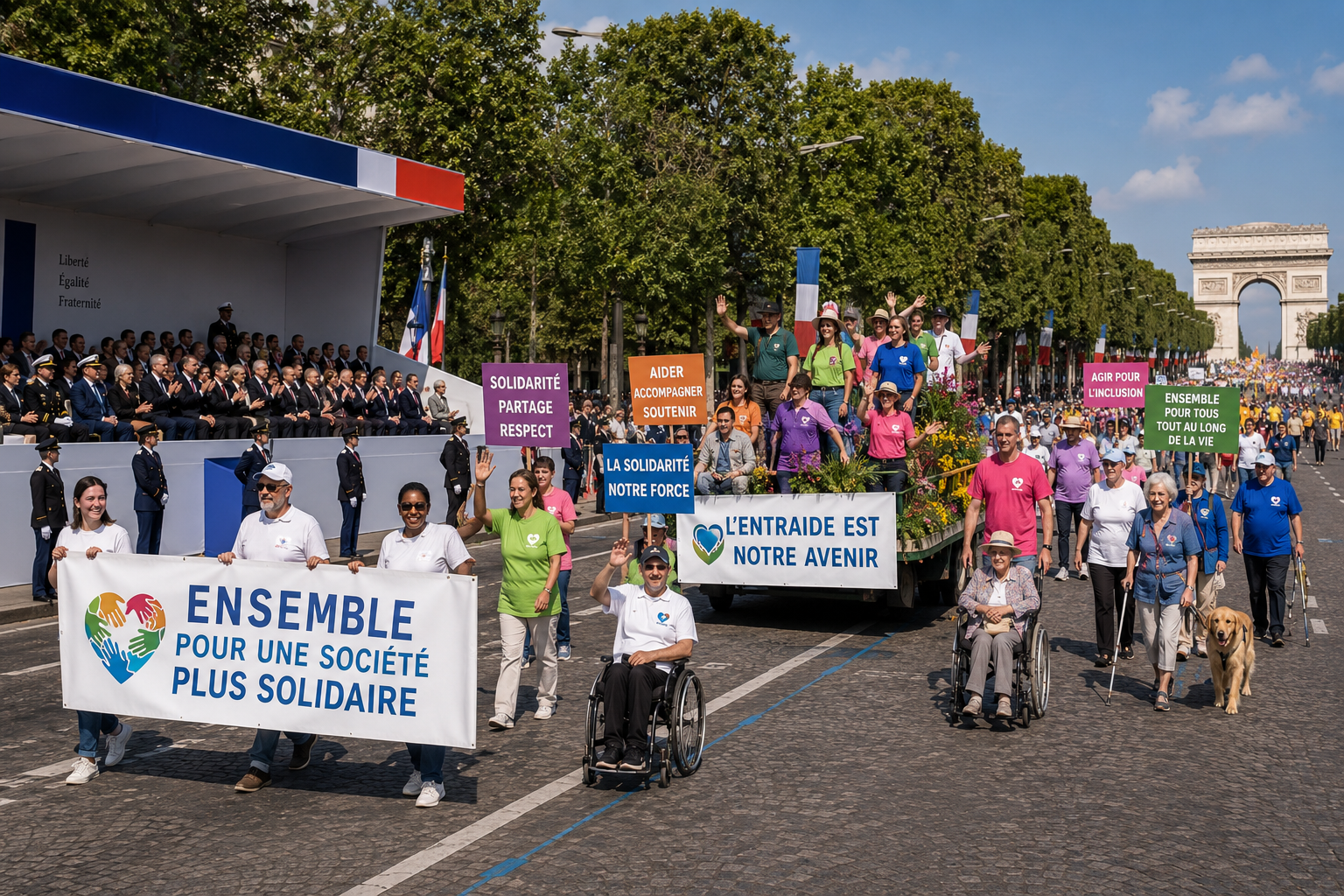 un défilé comme au 14 juillet, le long des Champs-Élysées, mais devant la tribune, au lieu des militaires et différents corps d'armée, des associations qui militent pour la solidarité (char avec des banderoles), des personnes en situation de handicap et âgées