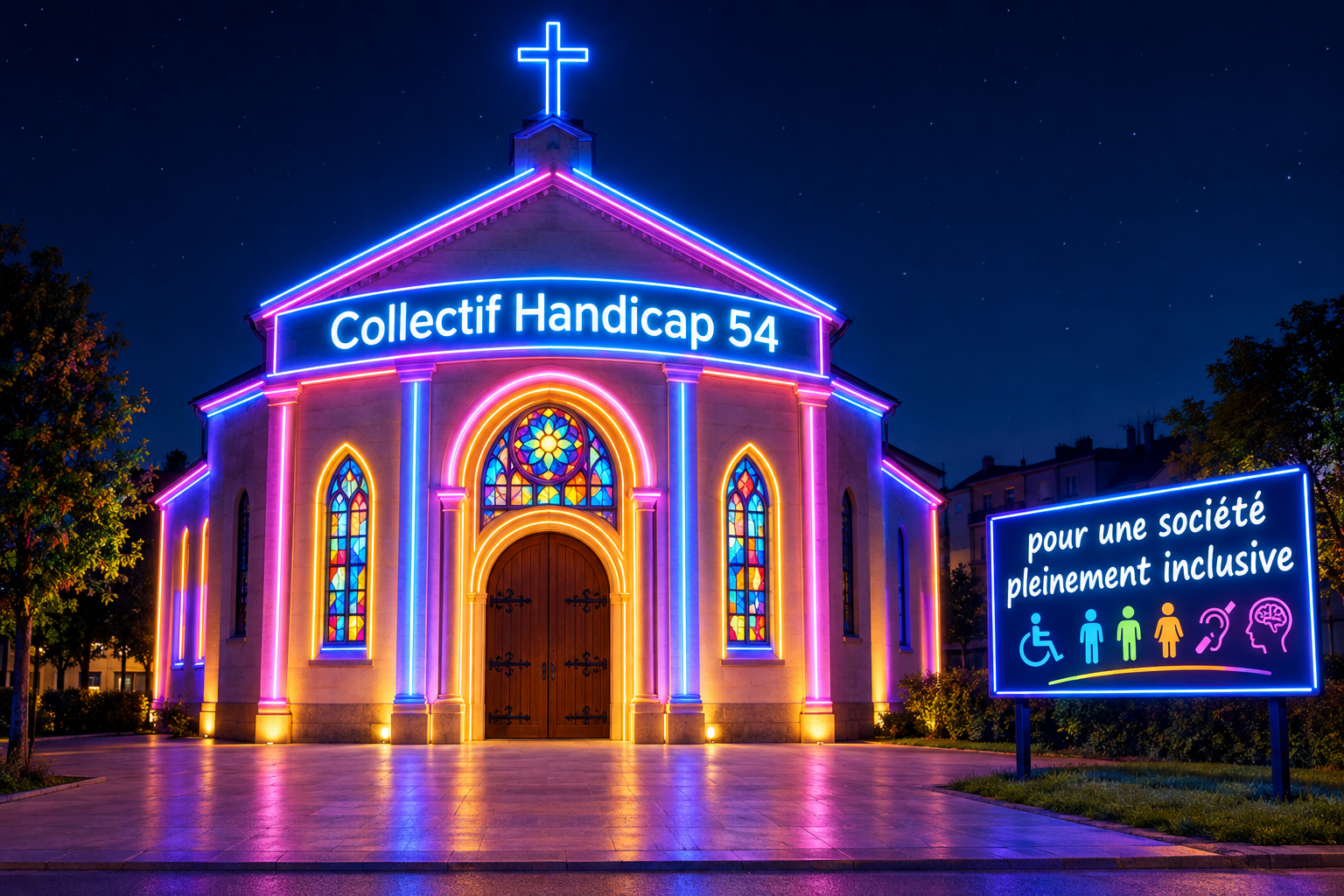 une église illuminée de néons, la nuit, sur le fronton il y est inscrit :"Collectif Handicap 54". L'église est de plein-pied (pas de marches). à côté, un panneau où il est inscrit :"pour une société pleinement inclusive"