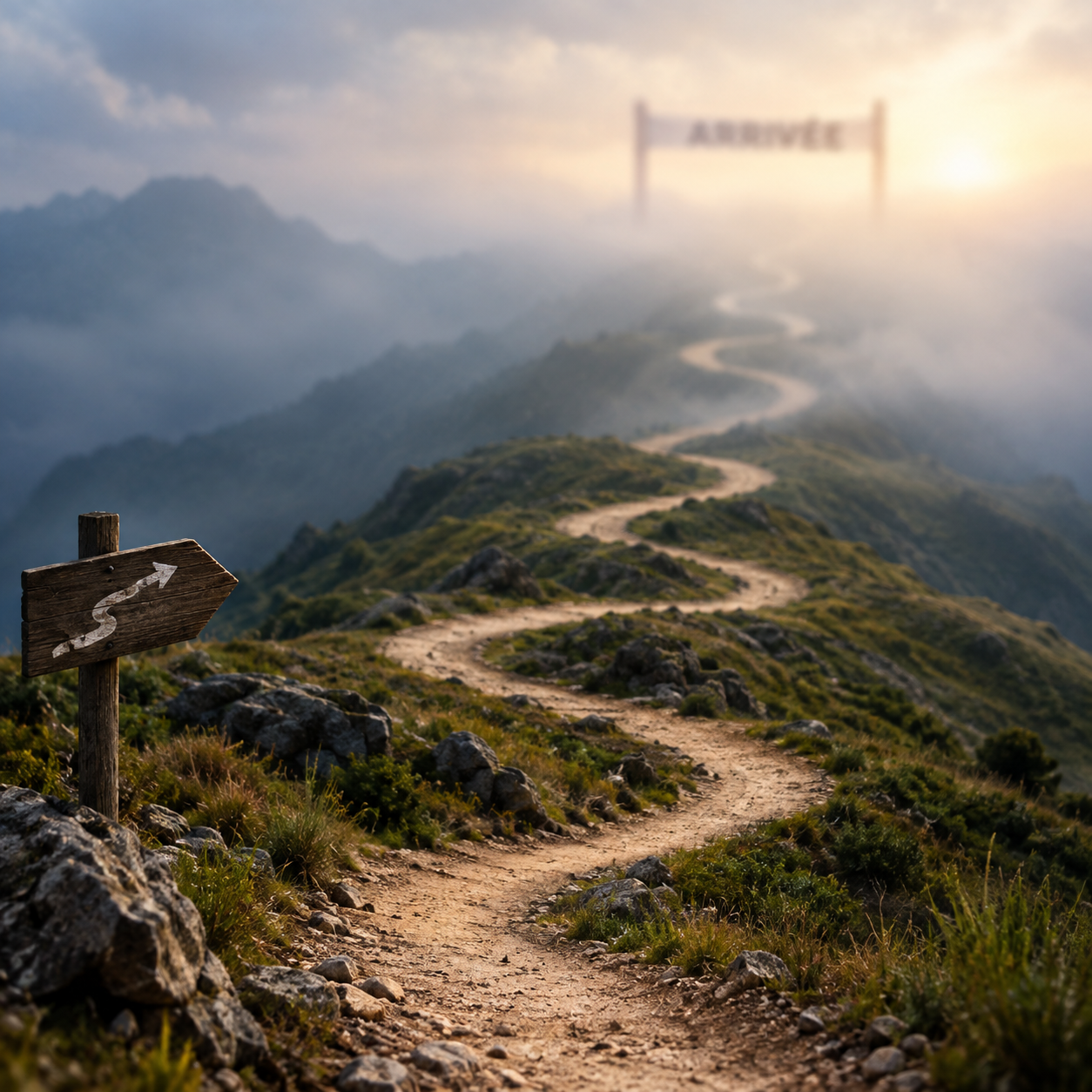 Chemin sinueux vers arrivée floue