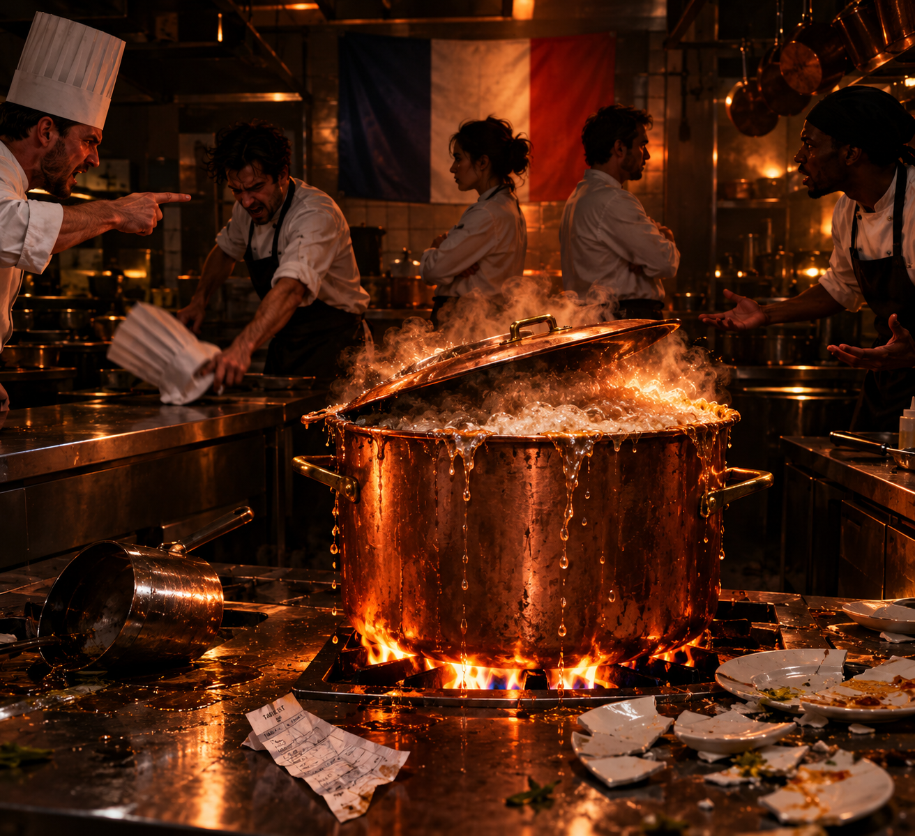 Scène cinématographique métaphorique dans la cuisine d'un grand restaurant français la nuit. Au centre, une énorme marmite en cuivre bouillonne sur un feu vif : le couvercle tremble, soulevé par la pression, et le liquide déborde peu à peu, goutte après goutte, sur les flancs de la marmite — symbole d'une colère qui monte lentement mais inexorablement.
Autour de la marmite, l'expression du désaccord : une équipe de cuisine en pleine dispute figée dans l'action — un chef qui pointe un doigt accusateur, un autre qui jette sa toque sur le plan de travail en inox, deux silhouettes dos à dos les bras croisés, un ticket de commande froissé et jeté au sol, des assiettes brisées, une casserole renversée. Personne ne s'écoute plus.
Sur le mur du fond, un drapeau français aux couleurs bleu-blanc-rouge.
L'éclairage est dramatique : lueur rouge-orangé du feu et de la colère, clair-obscur profond, ombres tendues.