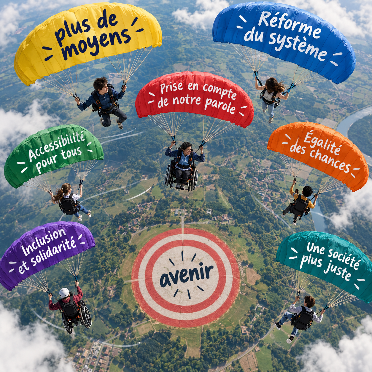Vu du ciel, des jeunes et des personnes en situation de handicap en parachute, tournoyants. Sur les parachutes, on voit des mentions comme : « plus de moyens », « réforme du système », « Prise en compte de notre parole »… Au sol, une cible à atteindre et sur laquelle est inscrit le mot : « avenir ».